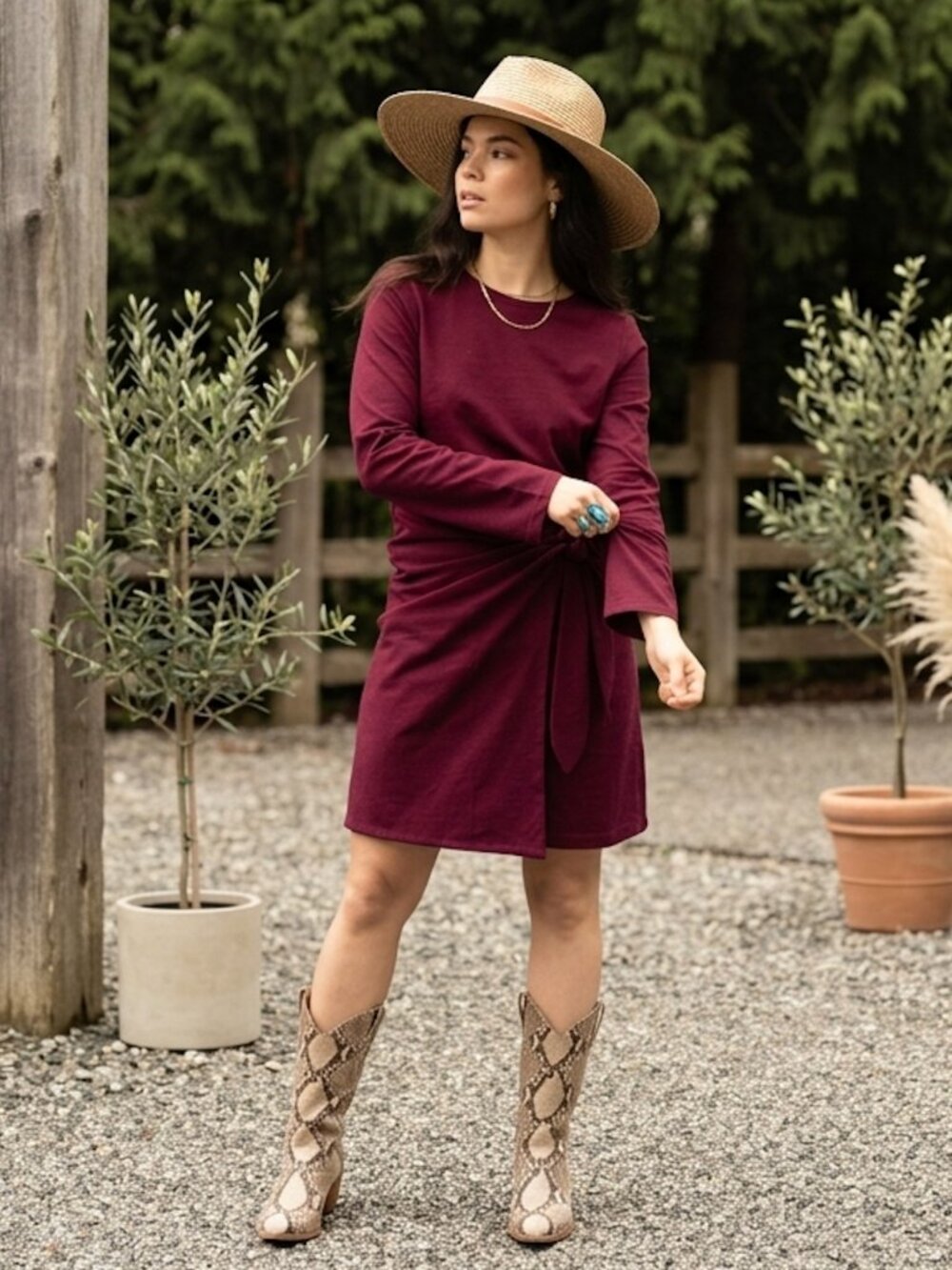 Jackson Rowe Burgundy Solar Faux Wrap Dress Medium Cotton Midi Long Sleeve